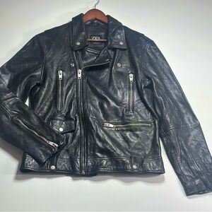 ZARA Genuine Leather Moto Biker Jacket Black Men’s XL Euro Fit